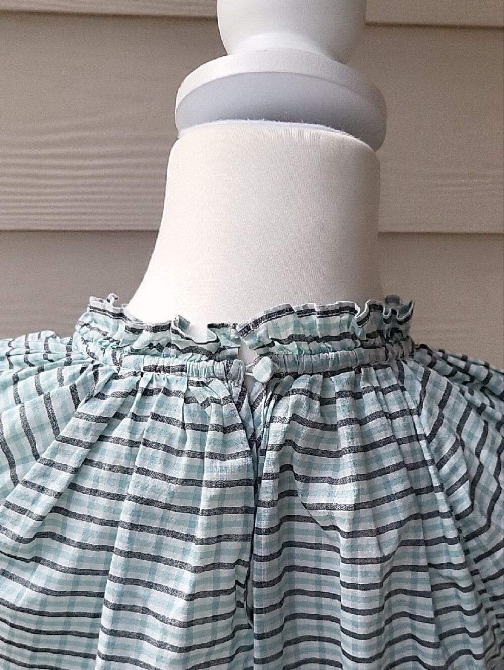 J.Crew Blue Plaid Smocked Neck Ruffle Blouse Size Small Cotton Long Sleeve Top - Picture 6 of 14
